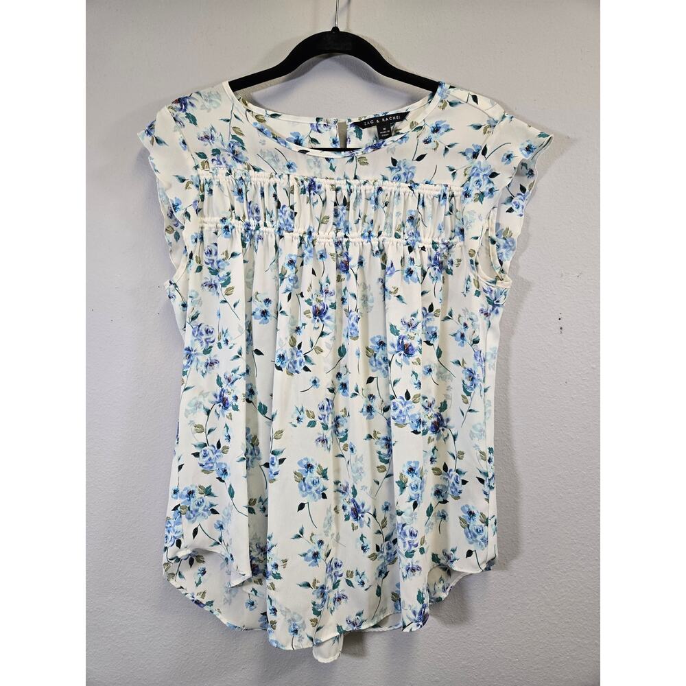 Zac & Rachel Floral Blouse Blue White Flutter Sleeve Pleated Summer Top Size M